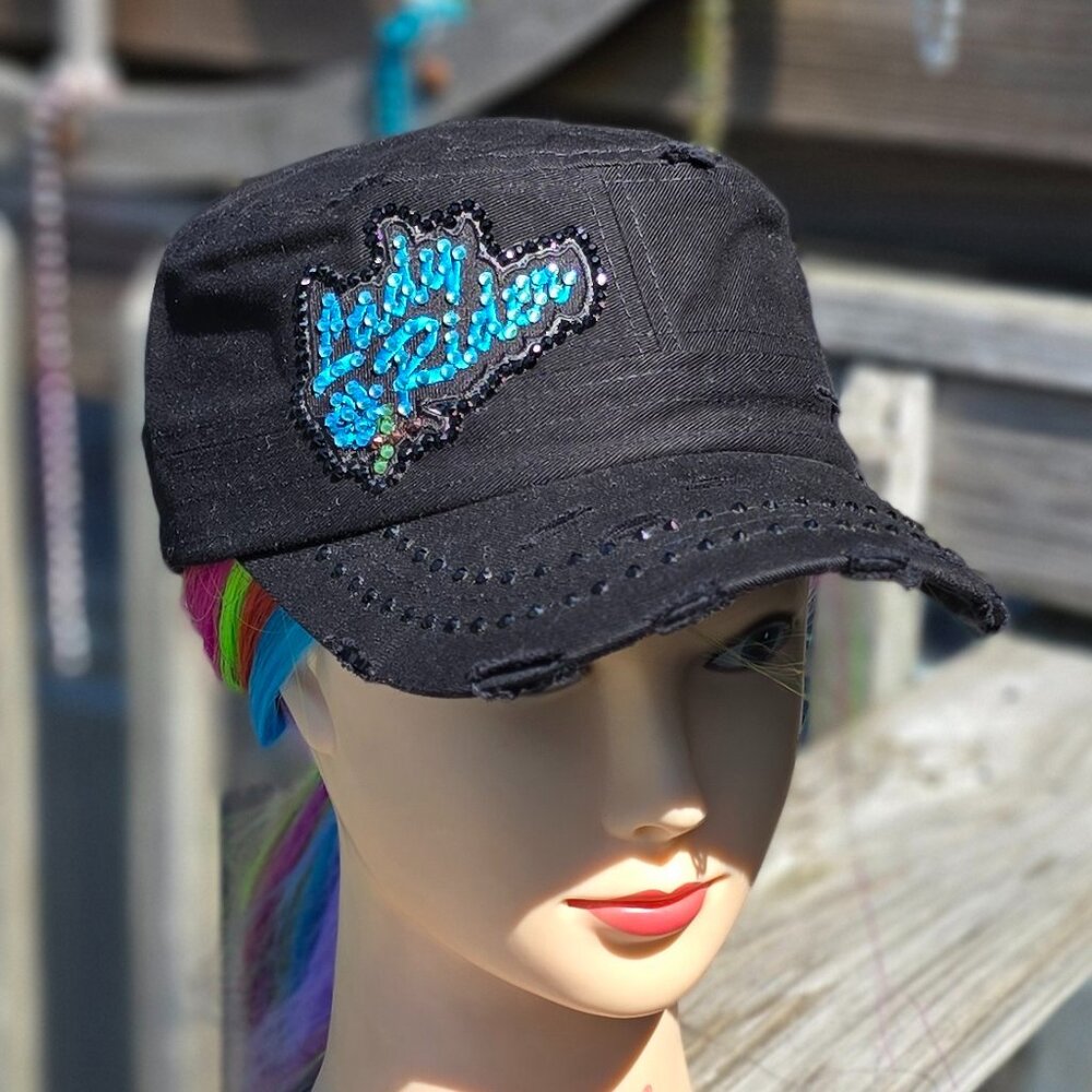 Ladies Black & Turquoise Lady Rider BLING Hat NEW